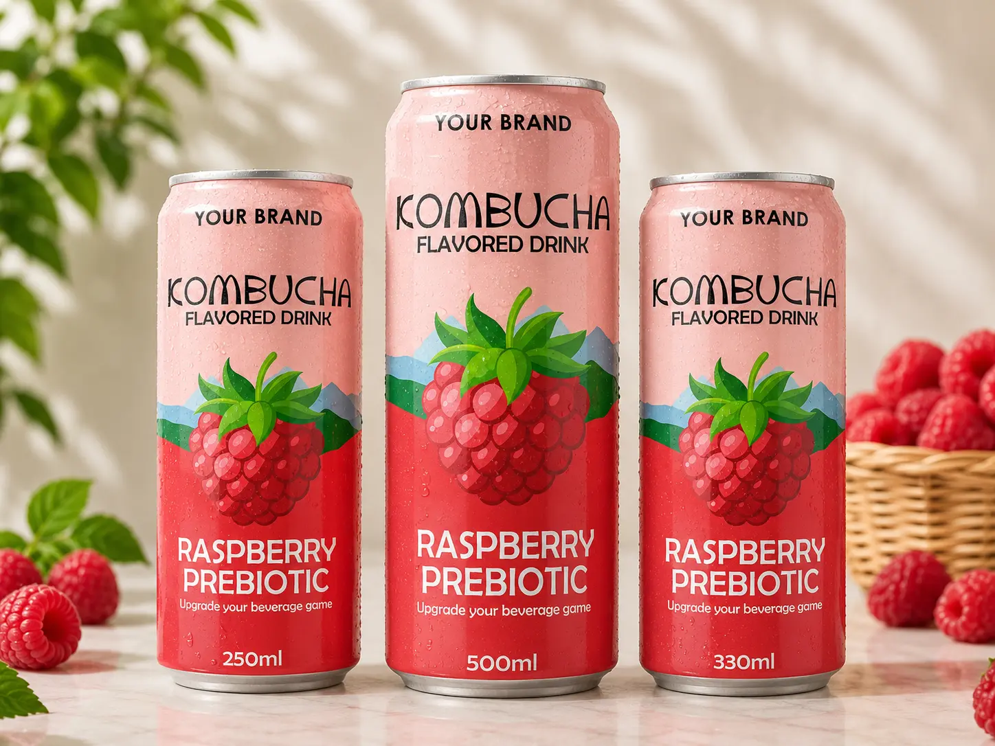KOMBUCHA DRINK Raspberry Prebiotic in 250ml, 330ml and 500ml cans.